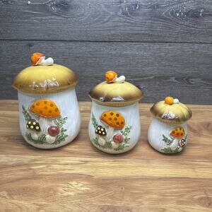 Vtg 1976 Sears Merry Mushroom Ceramic Canister 7.5” 6.5” 4.5”~ Set of 3 READ